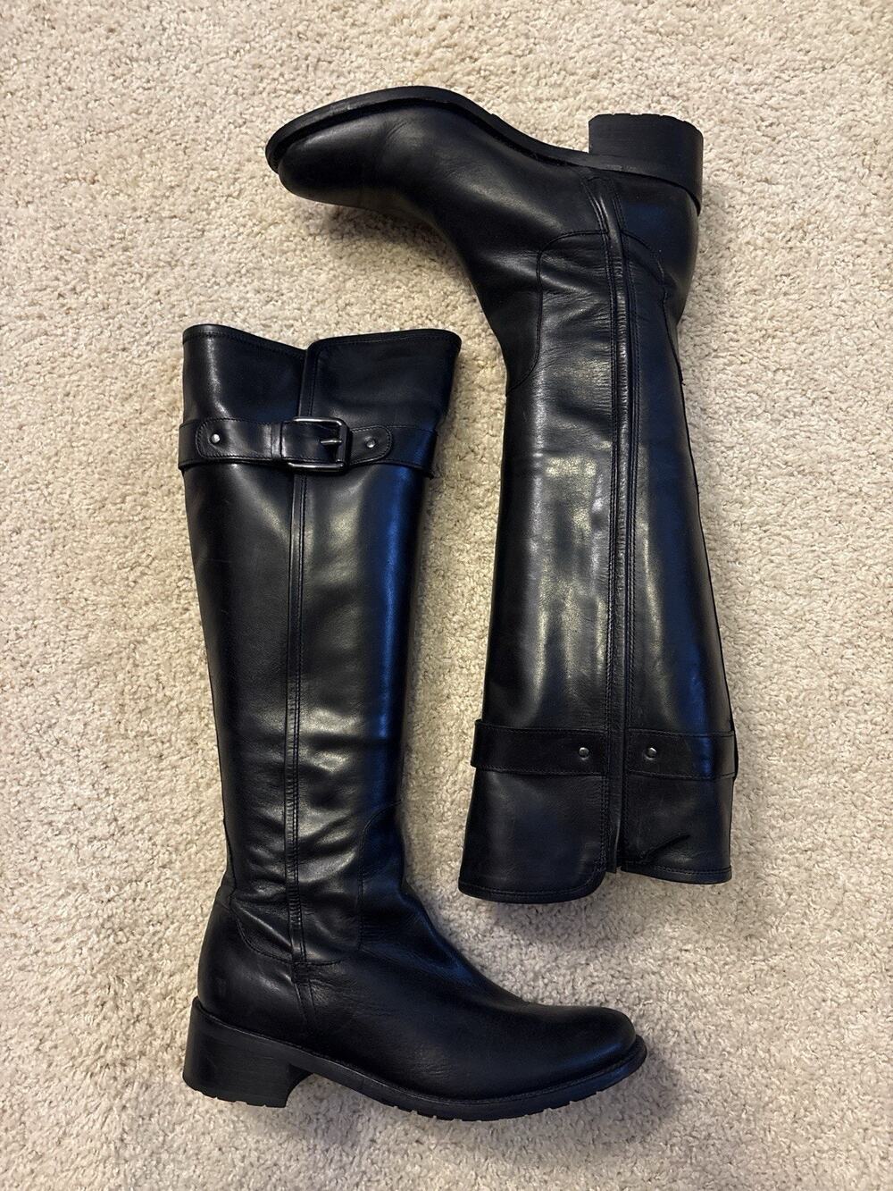 Women’s Black Riding Boots Buckle Strap Knee High Size 8B